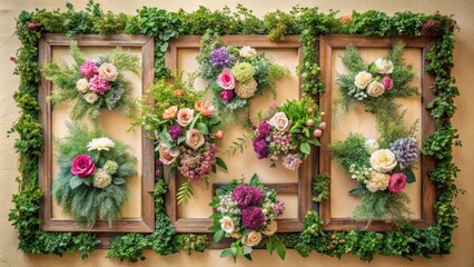 Fototapeta premium A beautifully arranged artificial flowers wall in a vintage style with distressed wooden frames and lush greenery, set against a soft cream-colored background , , wall decor
