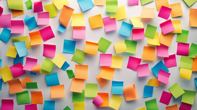 Colorful sticky notes scattered on white surface, creating vibrant and creative atmosphere