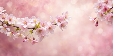 Obraz premium Delicate cherry blossoms unfolding on a soft pink paper background with subtle texture