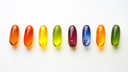 A vibrant row of colorful capsules displayed on a white background, showcasing a spectrum of hues from orange to green.
