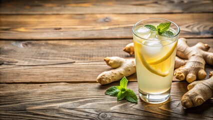 Fototapeta premium Refreshing drink on a wooden table, fizzy, ginger, fizzy,ginger