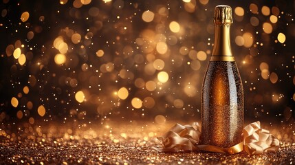 A bottle of champagne with a golden ribbon on a sparkling background, symbolizing celebration and the New Year concept. Ideal for festive banners, New Year invitations, and celebration-themed designs