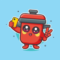 happy cooking pot character mascot taking a selfie with a smartphone isolated cartoon 