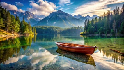 Obraz premium A serene lake with a wooden boat docked on its shore surrounded by tall trees and mountains in the background, dock