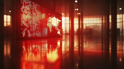 A digital dashboard displaying trade statistics and economic indicators with a world map overlay, focus on global trends, realistic, double exposure, corporate tech office backdrop
