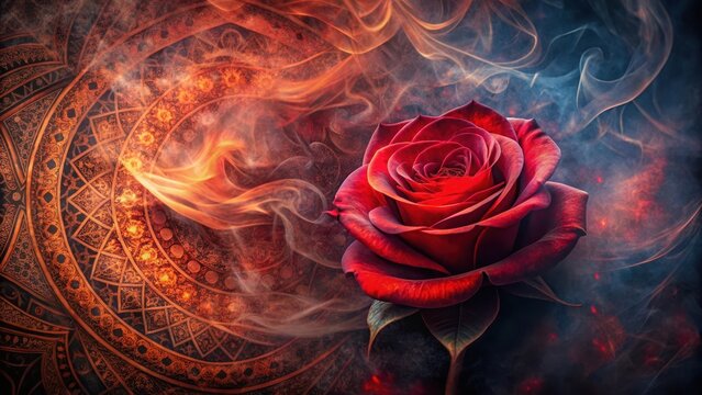 Rose petal wrapped in fiery red smoke swirl on a dark mysterious background, surrounded by intricate patterns and subtle texture variations , bohemian, mysticism