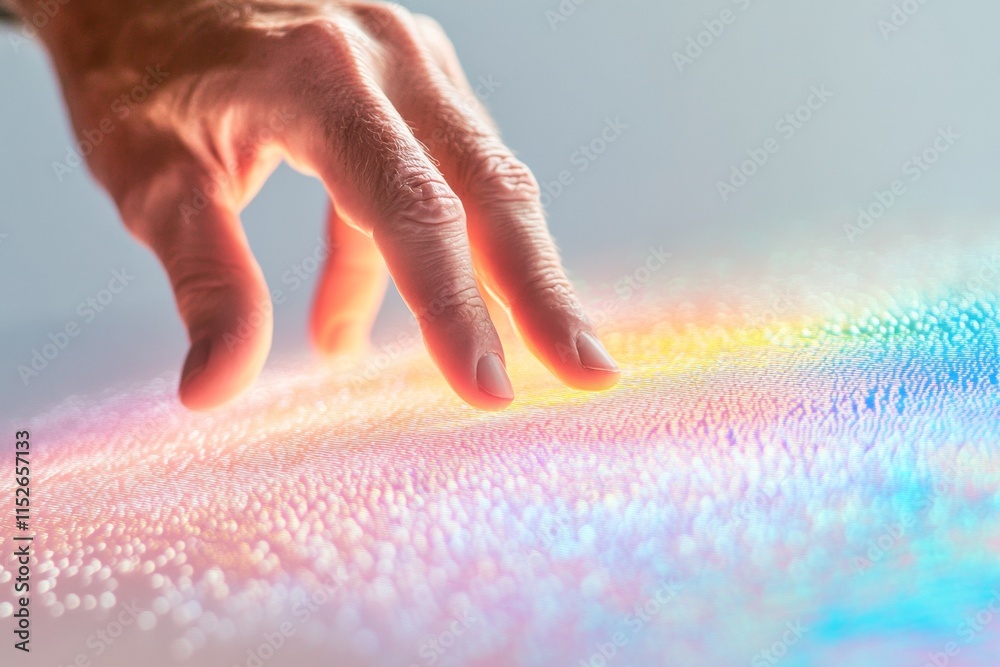 Aufkleber Futuristic Interface Interaction Hand Touching Holographic Surface with Vibrant Light
