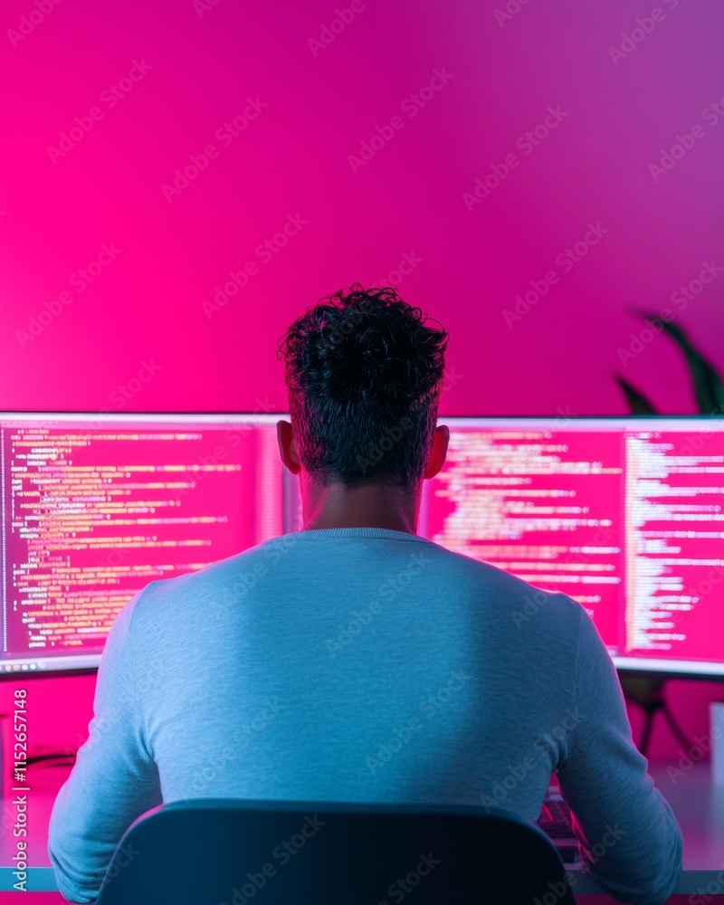 Poster Nighttime Coding Session Person Programming on Dual Monitors in Neon-Lit Room