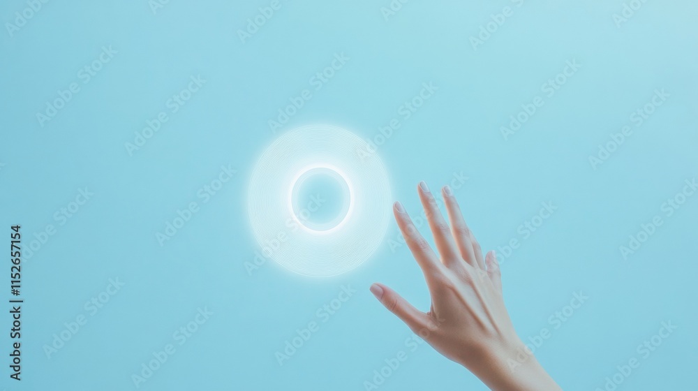 Aufkleber futuristic interaction hand reaches towards digital interface on blue background