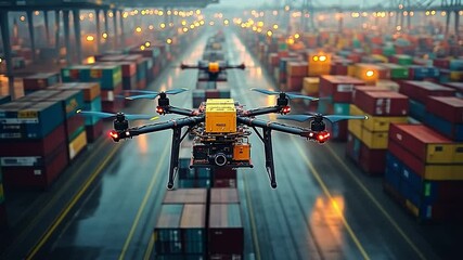 Drone Delivery in Port: Futuristic logistics at a busy port, showcasing a drone delivering cargo amidst a dense network of shipping containers in rainy weather.   - Powered by Adobe