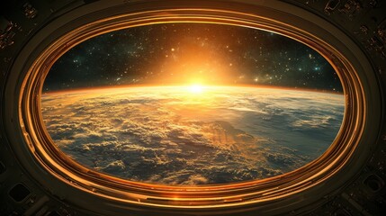 A symbolic image of Earth seen from the window of a private space shuttle, selective focus, theme of exploration, surreal, blend mode, vast cosmic backdrop