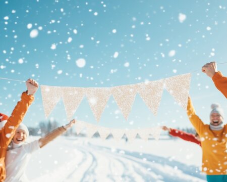 Winter Joy Diverse Adults Celebrating a Successful Snowy Finish Line in Vibrant Attire