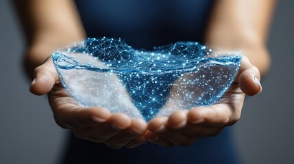 A symbolic representation of hands cupping clean water with digital overlays of climate data, focus on resource preservation, vibrant, overlay, abstract environmental backdrop