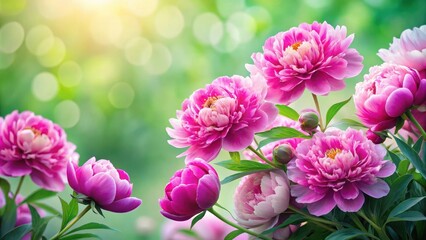 Fototapeta premium Vibrant Pink Peony flowers arranged in a lush greenery background with soft pastel hues of purple and white, floral design, nature background