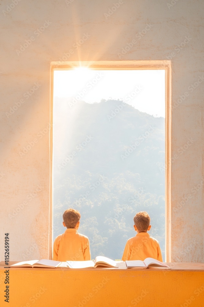 Poster sunlit study indian students embracing winter learning in minimalist setting