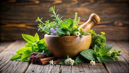 Aromatic herbs in a mortar and pestle, herbs, cooking spices, herbs