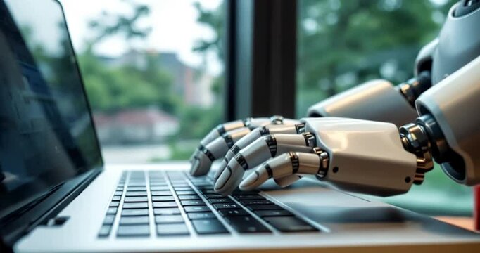 Close-up of the fingers of a humanoid robot typing on a laptop. Slow motion 02.