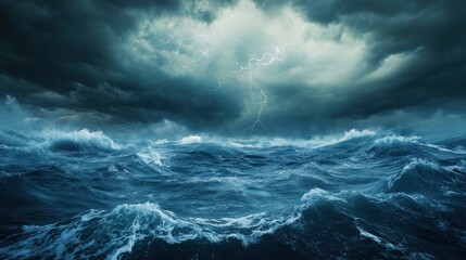 Fototapeta premium A dramatic seascape depicting turbulent waves under a stormy sky with lightning.