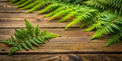 Naklejka premium Delicate fern fronds scattered on a wooden table with a rustic background, vegetation, forest, vegetation, forest, herbal