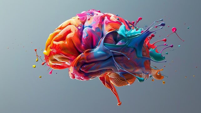 Abstract Brain Exploding with Vibrant Multicolored Paint Splashes