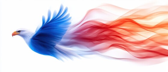 Fototapeta premium Minimalist patriotic designs for USA concept. Eagle in motion, depicted with flowing blue and red colors, symbolizing freedom and dynamism.