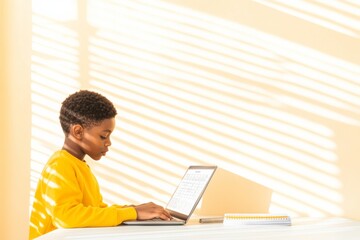 Fototapeta premium Focused Teen Boy Studying with Laptop and Notes in Sunlit Room