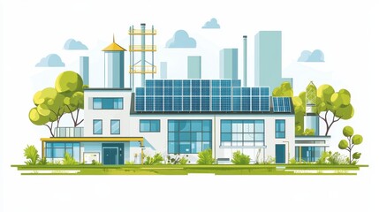 A water treatment plant powered by renewable energy, showcasing climate adaptation efforts, selective focus, theme of sustainability, dynamic, fusion, industrial backdrop