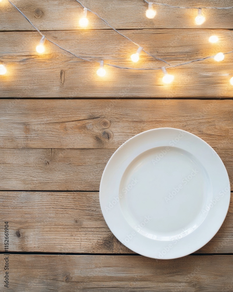 Poster rustic evening table setting with warm string lights – cozy outdoor ambiance