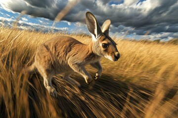 Red Kangaroo Joey Leaps Across Golden Grassland