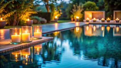 Peaceful poolside ambiance with warm candlelight reflecting on the water , candlelight, water, pool, dusk, peaceful