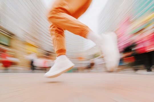 Dynamic Street Dance in Urban Plaza with Surreal Motion Blur