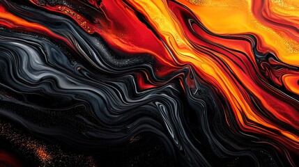 Obraz premium Abstract fiery orange, red, black, and grey liquid swirls.