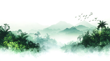 Serene landscape with misty mountains and lush greenery under a soft light