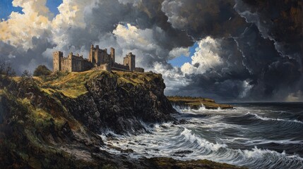 A dramatic seascape featuring a medieval castle on a cliff under a stormy sky.
