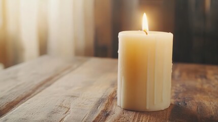 Single white candle on rustic wooden table, a serene still life serene