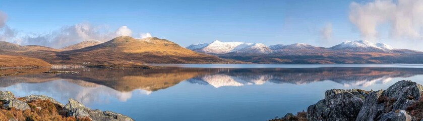 Fototapeta premium Majestic mountain range reflected in serene lake under a clear sky serene