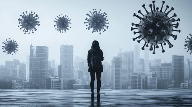 A concept image combining vaccine symbols with financial growth graphs, focus on recovery, futuristic, blend mode, modern economic skyline backdrop