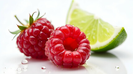 Juicy raspberries and a lime wedge, glistening with dew drops, create a vibrant, refreshing image.