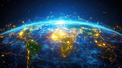 Obraz premium A conceptual image of a globe with arrows indicating fluctuating trade routes, focus on interconnected economies, ethereal, composite, abstract financial backdrop