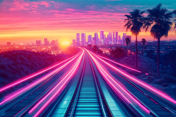 Obraz premium A glowing neon high-speed train speeding through a vibrant retrowave landscape, with luminous grid lines and bold synthwave accents emphasizing motion and energy