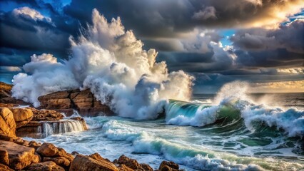 Obraz premium Stormy sea wave crashing onto rocky shore , turbulent, powerful, nature, ocean, dramatic, water, storm, wave, foam, motion