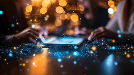 A team analyzing a code of ethics document on a digital tablet, selective focus, focus on collaboration, futuristic, overlay, hightech workspace backdrop