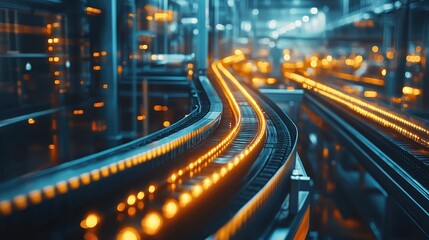 A manufacturing plant adjusting production due to global trade policies, focus on economic adaptation, futuristic, overlay, industrial warehouse backdrop