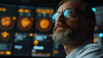 A professional monitoring cybersecurity threats using AIpowered analytics on multiple screens, close up, focus on advanced technology, futuristic, overlay, tech lab backdrop