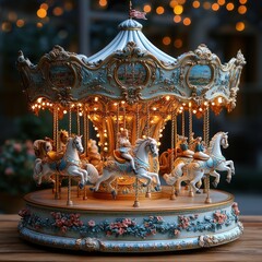 Ornate carousel miniature, illuminated, detailed horses.