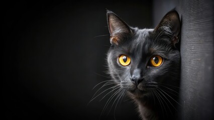 Black cat with yellow eyes peeking out from the darkness, black cat, yellow eyes, dark, spooky, mysterious, feline, peeking, lurking