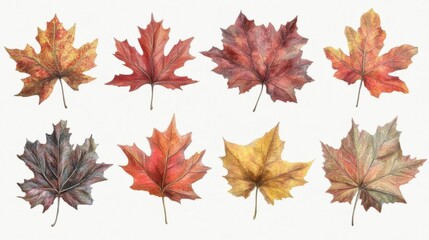 Fototapeta premium Eight Maple Leaves Change Colors During Autumn Season and Fall Foliage