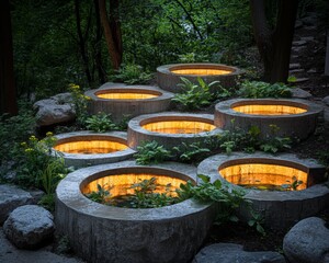 Illuminated Stone Garden Installation in Urban Green Space at Dusk