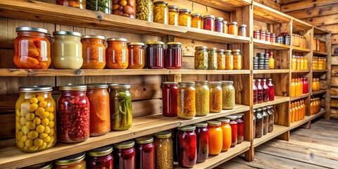 Fototapeta premium Cozy wooden shelves filled with glass jars of preserves in a food storage room in a wooden house, food storage