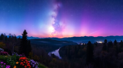 Fototapeta premium Spring Forest Mountain River in Nebula Starry Night
